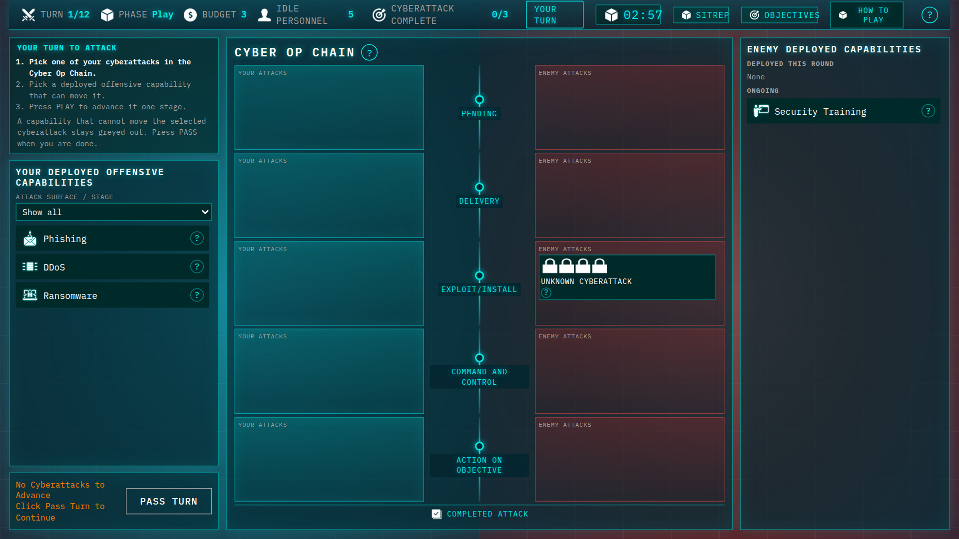 Cyber Op Chain in a Bedrock serious game: your attacks versus enemy attacks across five stages
